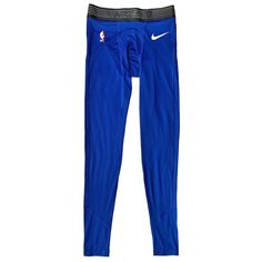 the nike leggings are blue and have black stripes on them, with white lettering