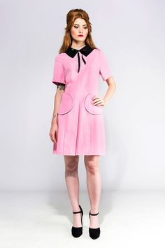 Mod ribbon A line Pink black dress Retro mod dress 60s custom made Pink Vintage Mini Dress With Short Sleeves, Retro Pink A-line Mini Dress, Vintage Pink Mini Length Dress, Retro Pink A-line Dress, Pink Vintage Dress For Daywear, Elegant Pink Doll Collar Dress, Elegant Pink Collared Dress, Pink Retro Dress With Peter Pan Collar, Pink Summer Dress With Peter Pan Collar