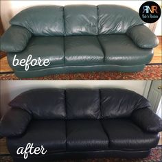 before and after photos of a black leather couch that is recologed to look like it has been cleaned