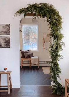 a living room filled with furniture and a green plant hanging from the ceiling next to a window