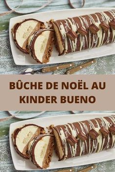 two slices of cake on a plate with chocolate drizzled over them and the words, buche de noel au kinder bueno