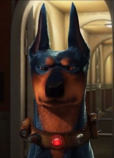 a cartoon dog wearing a leather collar with red lights on it's eyes and nose