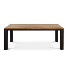 a wooden table with black legs on a white background