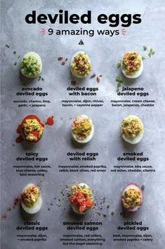 an advertisement for deviled eggs with different toppings