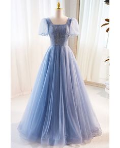 Get 10% off now! Buy modest square neck sequined blue tulle prom dress short sleeved at cheap price online. Free stable shipping and pro custom service since 2009. Tulle Prom Dress Short, Blue Tulle Prom Dress, Tulle Long Prom Dress, Sweep Train Prom Dress, Prom Inspo, Lace Wedding Dress With Sleeves, Prom Dresses With Pockets, Marine Uniform, Corset Dress Prom