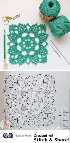 crocheted doily with yarn and scissors on the table next to it are photoshopped together