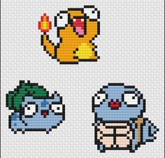 the pixel art is made up of several different characters, including an angry bird and a fish