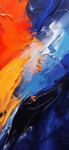 an abstract painting with blue, orange and yellow colors on it's surface is shown