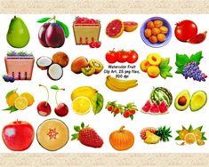 a bunch of different fruits and vegetables on a white background with the words watercolor fruit cut out