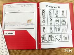 an open book on a table with pictures and words in the pages that are part of a family worksheet