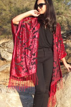 Burgundy Burnout Velvet Damask Duster Caftan Kimono Top – Moddy Vintage Oversized Kimono, Velvet Cardigan, Upcycle Clothes Diy, Red Fringe, Velvet Kimono, Kimono Duster, Burnout Velvet, Velvet Clothes, Red Burgundy