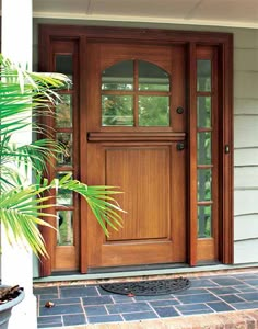 a wooden front door on a house with brick walkway and potted plant in the foreground