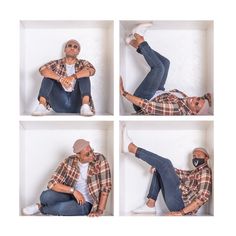 four photos of a man sitting on the floor