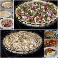 several pictures of different types of food in pie pans