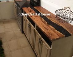 a kitchen counter made out of wood and metal