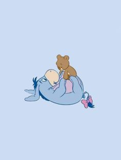 winnie the pooh and her baby on a blue blanket with a pink butterfly in its mouth