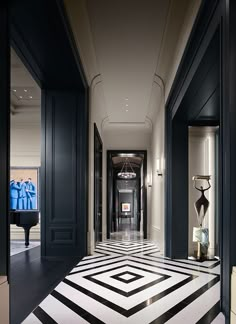 the hallway is decorated in black and white