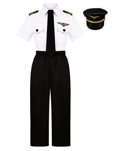 a navy uniform and hat are on display in front of a white background with black pants