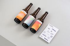 three beer bottles sitting on top of a table next to a paper with the label