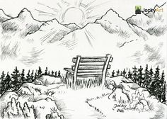 a drawing of a bench in the mountains