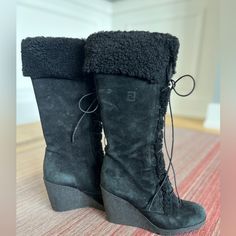 Used, Good Condition. One 3-1/2” Tear At Shearling Top Of Left Boot That Easily Can Be Repaired. - Lambskin Interior - Suede With Shearling At Laces And Tops - Elastic Banding At Tops For Easy Functionality - Rubber Wedge Bottoms - 3-1/4”H Wedge - 15”H Top To Bottom - 7”W At Top - Size 37 But Can Fit 36.5 Fendi Shoes, Black Girls Hairstyles, Fall Looks, Shoes Heels Boots, Winter Boots, Pretty Outfits, Shoes Women Heels, Heeled Boots, Shoes Heels