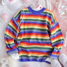 Colorful Rainbow Stripes Knit Sweater Kidcore Clothing, Striped Shirt Outfit, Outfits With Striped Shirts, Kawaii Tops, Stripe Knit Sweater, Childs Play, Rainbow Outfit, Rainbow Sweater, Cute Rainbow