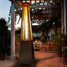 an outdoor patio heater sitting under a pergolated roof