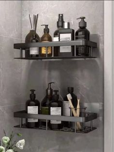 two shelves with soaps, lotions and other items on them in a bathroom