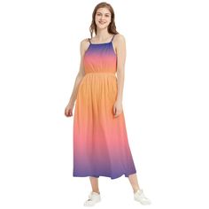 Introducing the enchanting Ombre Sunset Boho Sleeveless Maxi Dress from Future is Retro - a captivating and stylish piece that effortlessly embodies the spirit of warm, sun-kissed days and carefree, Bohemian vibes. This delightful dress is an absolute must-have for your summer wardrobe, perfect for beach getaways, casual outings, or romantic picnics.   Expertly crafted from a lightweight, breathable fabric, this dress ensures you'll stay comfortable and fresh on even the hottest of days. The stu Orange Spaghetti Straps Maxi Dress For Summer, Orange Beach Midi Dress, Orange Midi Dress For Beach, Orange Sleeveless Sundress For Summer, Orange Midi Dress For Beach Season, Orange Midi Sleeveless Dress For Beach, Orange Midi Dress For Summer, Sleeveless Orange Midi Dress For The Beach, Orange Sundress Midi Dress For Vacation