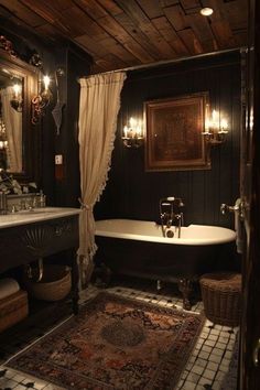 a bathroom with a rug, tub and chandelier