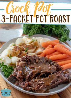 crock pot 3 - packet pot roast on a plate with carrots and potatoes