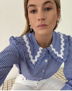 Blue Cottagecore, Cottagecore Blouse, Camille Charriere, Blouse Elegant, Plaid Shirt Women, Big Collar, Elegant Casual, Vintage Plaid, Spring Trends