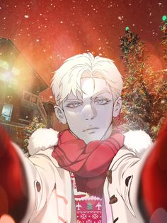 an anime character with white hair and blue eyes wearing a red scarf, standing in front of a christmas tree