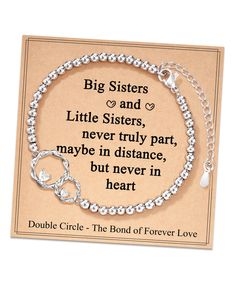 PRICES MAY VARY. [Gifts for Sister] - Looking for a gift for your best sister? This bracelet might surprise her! The infinity two interlocking circles design symbolizes the eternal love of sisters connected at heart. A great gift to express your love to her [Sisters Gifts from Sister] - "This bracelet stands for the close bond between Big Sister and Little Sister, their hearts are always together. The link can never be broken." Celebrate the beautiful bond of sisters with this simple and elegant Unique Gift For Sister, Gifts For Older Sister, Bracelet Stands, Unique Gifts For Sister, Big Sister Little Sister, Little Sister Gifts, Sister Bracelet, Circle Bracelet, Christmas Bracelet