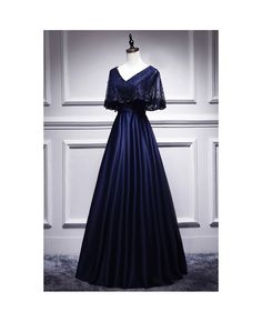 Get 10% off now! Buy classy aline satin navy evening dress vneck with lace at cheap price online. Free stable shipping and pro custom service since 2009. Navy Blue Lace Prom Dress, High Low Evening Dresses, Embroidered Beads, Off Shoulder Evening Dress, Dress Elegant Long, Prom Inspo, Elegant Prom, Gaun Fashion, Evening Dresses With Sleeves