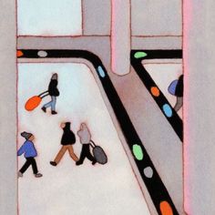 a drawing of people walking down a street in the middle of an intersection with traffic lights