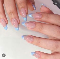 Chrome Tips With Gems, Fairy Dust Chrome Nails, Blue Nails With Gems Rhinestones, Dust Blue Nails, Structured Manicure Ideas, Iridescent Nails French Tip, Chrome Nails With Rhinestones, Blue Nails With Gems, Blue Iridescent Nails