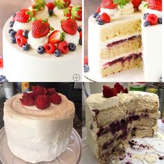 four different types of cakes with strawberries and blueberries on top