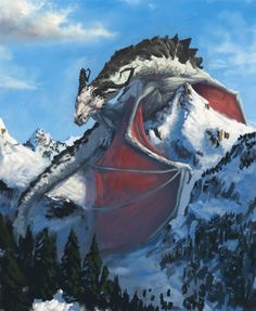 a painting of a dragon on top of a mountain