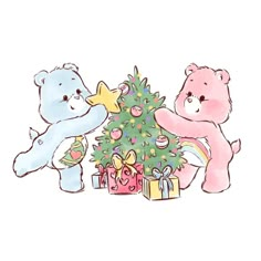 two teddy bears sitting next to a christmas tree