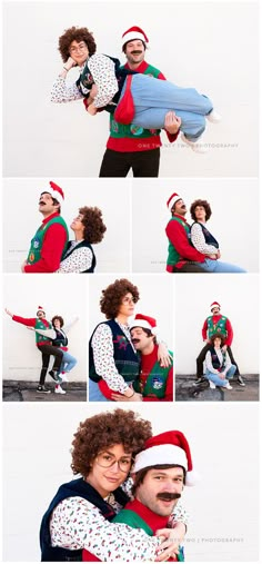 two people hugging each other while wearing christmas hats