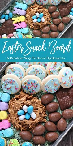 an easter snack board with chocolate eggs, sprinkles and cookies on it