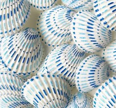 blue and white shells are arranged in a pattern on the surface, as if they were seashells