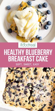 blueberry breakfast cake on a white plate with text overlay that reads healthy blueberry breakfast cake soft, sweet, easy