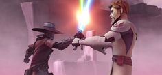 Cad Bane fights Kenobi with Vos's lightsaber during the Showdown on Teth. Han And Leia, Counting Stars, Tv Show Games, Good To Great, Jedi Master