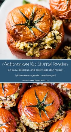 an image of tomatoes stuffed with rice and other vegetables on a plate that has text overlay reading mediterranean rice stuffed tomatoes