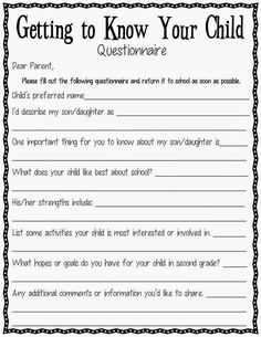 a child's question sheet with the words getting to know your child