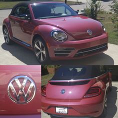 the front and side view of a red volkswagen beetle