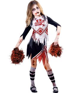 Zombie Cheerleader Girl - Girls Fancy Dress Costume - Kids 11-12 yrs: Give me a D! Give me an E! Give me an A! Give me a D! What's that spell? Support Dead University with this zombie cheerleader costume. A torn-edge dress in black, red and white with faux blood splatters, matched by some red and black pom poms. Add some face paint and a little fake blood to get that truly undead look! , includes: Dress, Pom Poms Zombie Cheerleader Halloween Costume, Cheerleader Fancy Dress, Fancy Dress Costumes Kids