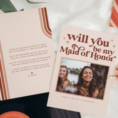 an old record with a card that says, will you be my maid of honor?